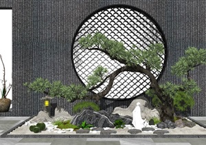 新中式庭院景观 景观小品 景观树 石头 景墙 盆栽 枯枝SU(草图大师)模型