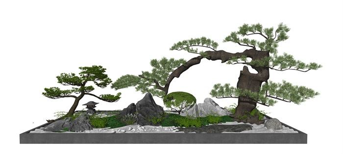 新中式庭院景观 景观小品 景观树  石头su模型(3)