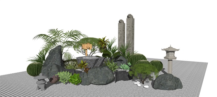 新中式庭院景观 景观小品 景观树 禅意枯山水 石头 滨水景观su模型(1)
