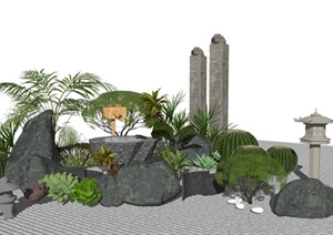 新中式庭院景观 景观小品 景观树 禅意枯山水 石头 滨水景观SU(草图大师)模型