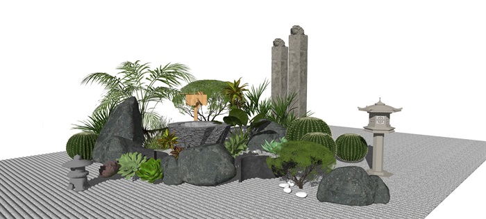 新中式庭院景观 景观小品 景观树 禅意枯山水 石头 滨水景观su模型(2)