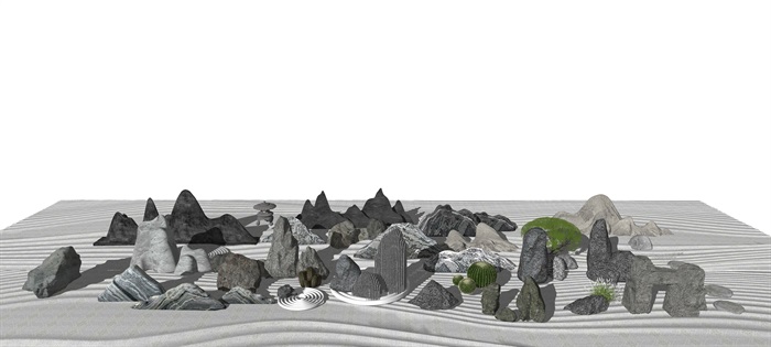 新中式景观小品片石假山石头枯山水 景观树SU模型(1)
