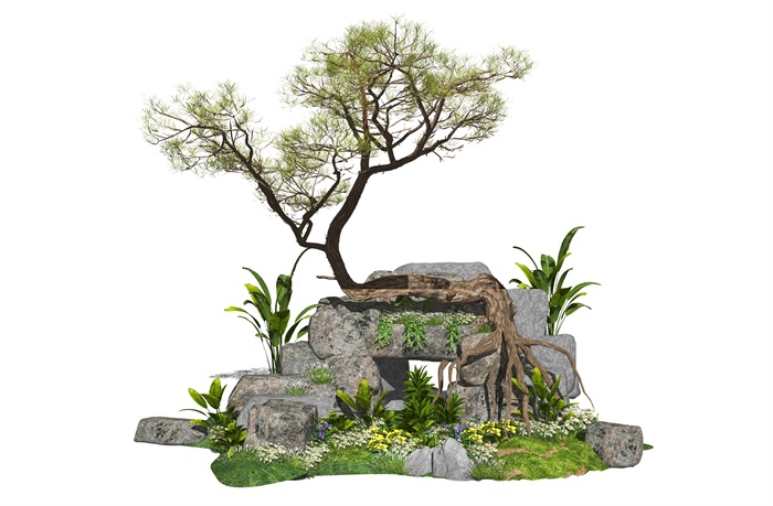 新中式假山石头松树植物灌木SU模型(3)