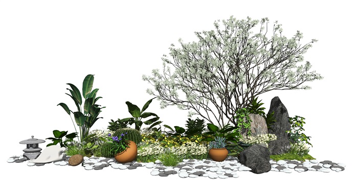 新中式植物灌木花卉石头盆栽小乔木陶罐SU模型(2)