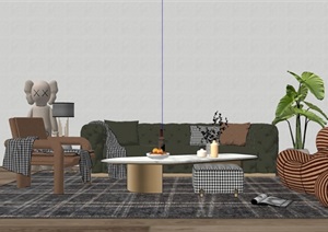 精致的详细完整的客厅家具SU(草图大师)模型