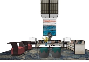 现代风格室内客厅沙发组合SU(草图大师)模型
