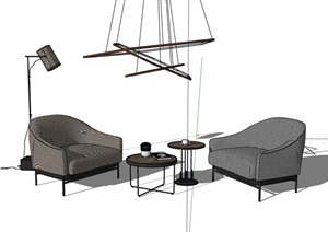 现代完整的室内客厅沙发组合SU(草图大师)模型