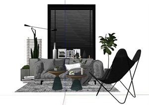 现代精致的详细客厅沙发组合SU(草图大师)模型