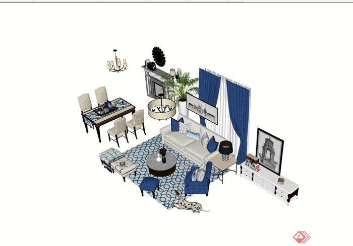 美式沙发客厅沙发茶几桌椅组合su模型