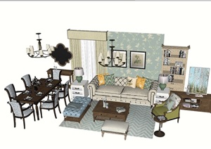 美式完整的沙发客厅沙发组合SU(草图大师)模型