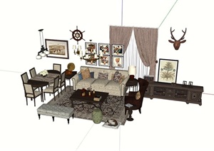 美式详细的沙发客厅沙发组合SU(草图大师)模型