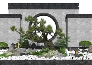 新中式景观小品景墙松树庭院景观石头水景枯山水SU(草图大师)模型