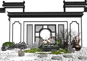 新中式景观小品庭院景观枯山水景墙水景石头景观树SU(草图大师)模型