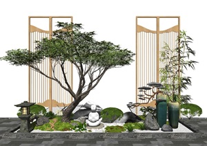 新中式景观小品庭院景观隔断片石假山石头松树SU(草图大师)模型
