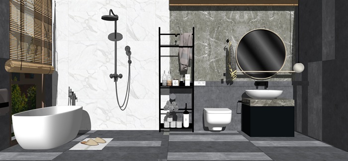 现代卫生间 洗手盆 浴缸 镜子 百叶窗 卫浴用品su模型(3)
