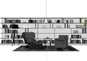 某室内详细书房柜子及桌椅组合素材SU(草图大师)模型