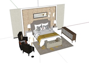 详细的完整卧室床柜子、灯饰家具SU(草图大师)模型