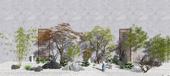 新中式景观小品 庭院景观 植物 树木 绿植 乔木 石头su模型(1)
