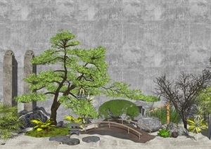 新中式景观小品 枯山水景观 景观树 假山石头 禅意景观SU(草图大师)模型