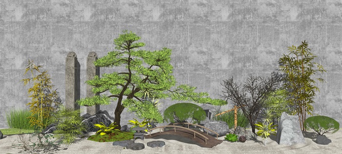 新中式景观小品 枯山水景观 景观树 假山石头 禅意景观su模型(2)