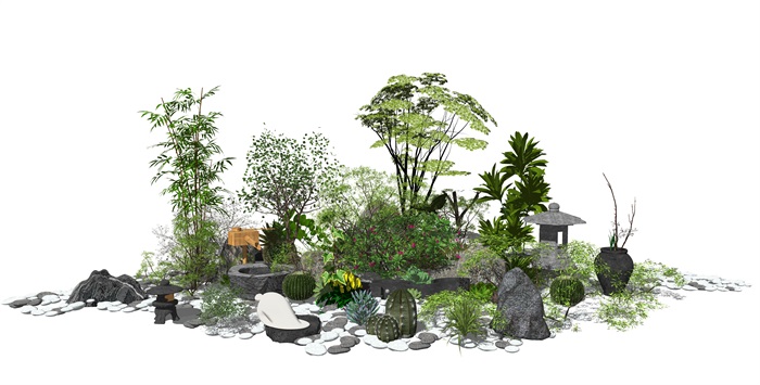 新中式景观小品 庭院景观 植物 树木 绿植 乔木 灌木石头su模型(1)