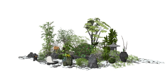 新中式景观小品 庭院景观 植物 树木 绿植 乔木 灌木石头su模型(2)