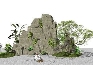 新中式假山叠石 石头 假山 景观小品 植物 枯山水SU(草图大师)模型