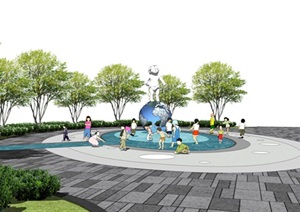 现代儿童乐园旱喷广场地球雕塑SU(草图大师)模型