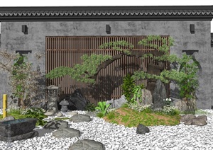 新中式景观小品景墙庭院景观石头水景松树枯山水SU(草图大师)模型