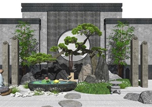 新中式景观小品枯山水庭院景观景墙水景石头植物松树拴马柱SU(草图大师)模型