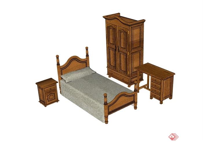 某欧式风格木质卧室床柜组合su模型