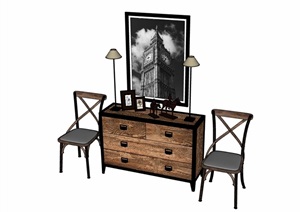 现代风格详细的完整椅子柜子组合家具设计SU(草图大师)模型