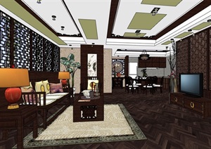 中式风格样板间客餐厅详细设计SU(草图大师)模型