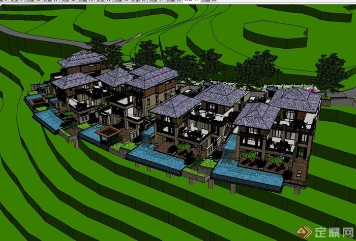 东南亚风格坡地度假山地别墅设计su模型