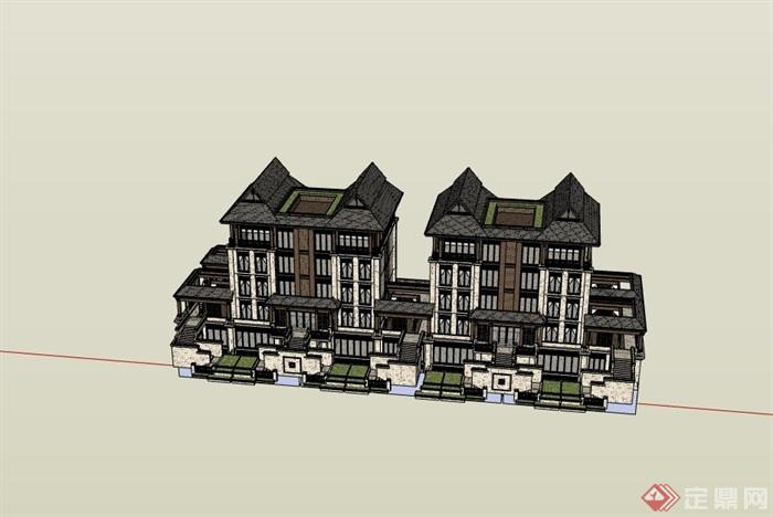 东南亚风格度叠拼假别墅设计su模型