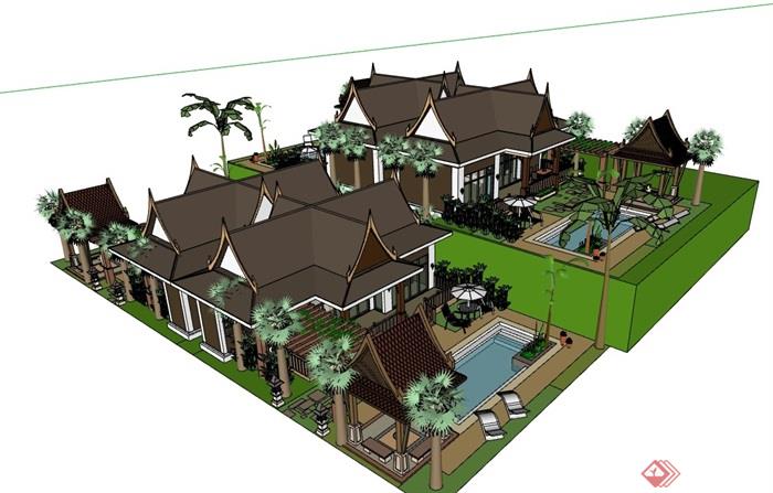东南亚风格的度假别墅设计su模型