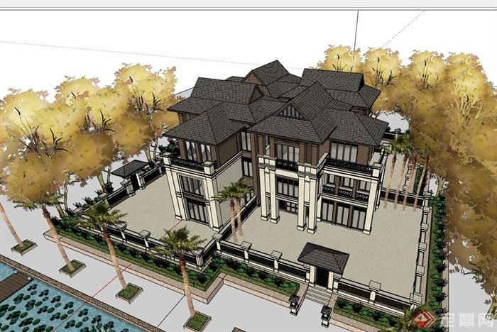 东南亚风格详细的多层别墅设计su模型