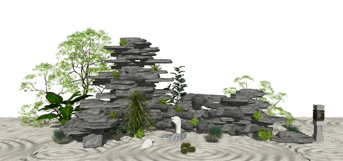 新中式假山叠石 景观小品 植物 景观小品假山石头SU模型(1)