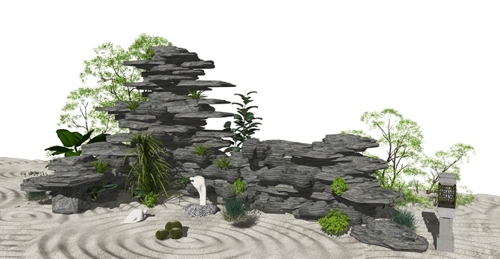 新中式假山叠石 景观小品 植物 景观小品假山石头SU模型(2)