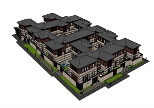 详细的整体合院住宅别墅设计SU(草图大师)模型