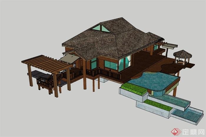 东南亚度假别墅详细建筑设计su模型