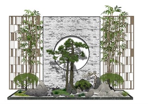 新中式庭院景观 景观小品 石头 植物 树 竹子SU(草图大师)模型