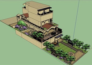 欧式风格住宅别墅建筑SU(草图大师)模型含庭院景观