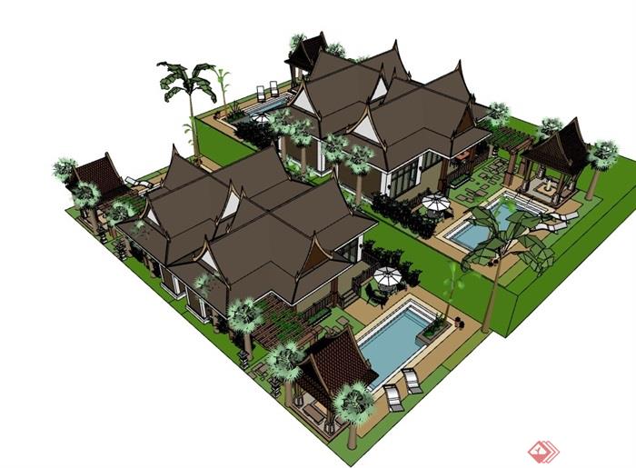 某东南亚风格整体详细别墅设计su模型