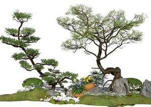 新中式景观树松树植物盆栽景观小品石头SU(草图大师)模型
