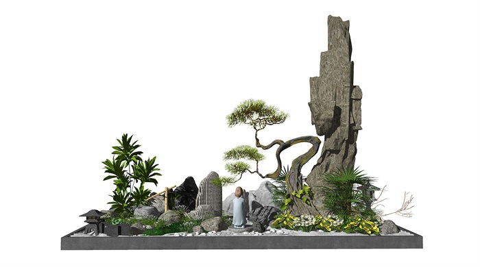 新中式景观小品假山石头松树跌水景观石头水景SU模型(1)