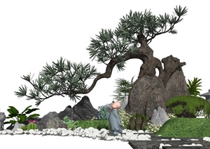 新中式景观小品景观树松树石头植物石灯片石假山SU(草图大师)模型