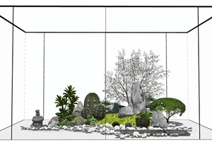新中式景观小品庭院景观假山石头植物SU(草图大师)模型
