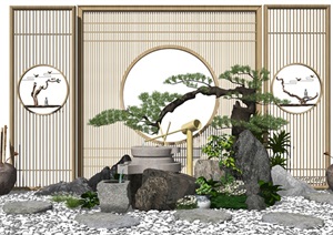 新中式景观小品庭院景观景墙隔断石头松树水景SU(草图大师)模型