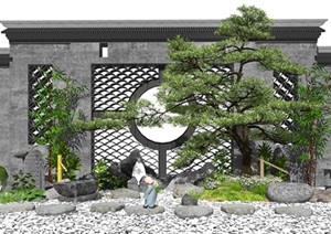 新中式景观小品庭院景观景墙水景松树枯山水片石假山石头灌木SU(草图大师)模型